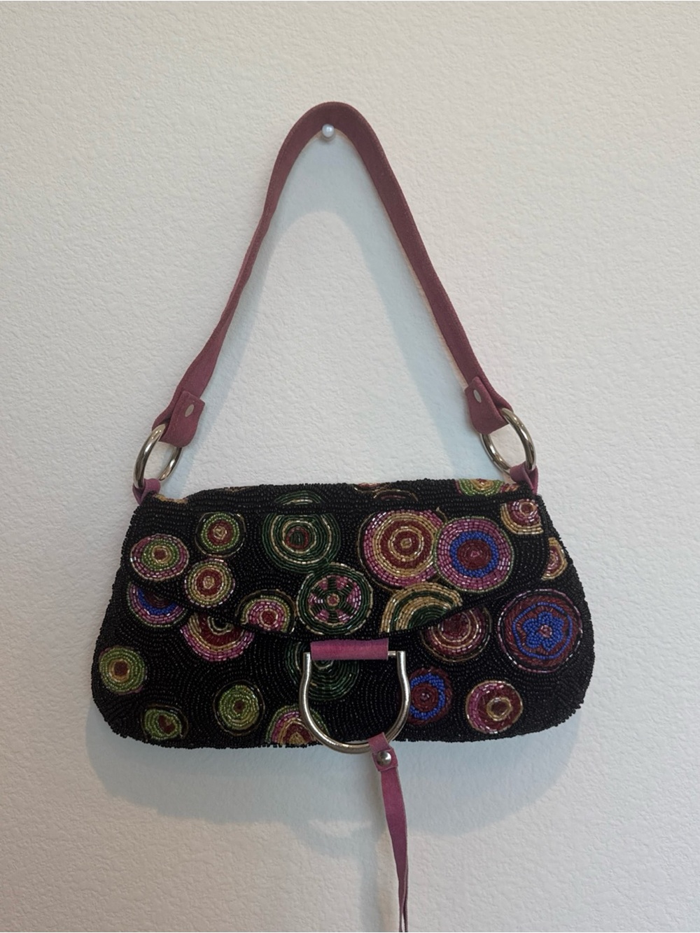 Christiana Embellished Black Beaded Shoulder Bag with Pink Strap